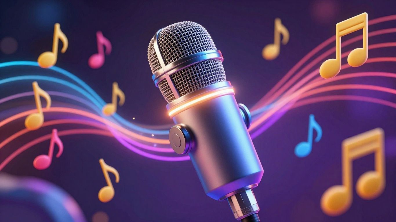 AI jingle video concept with microphone and music notes.