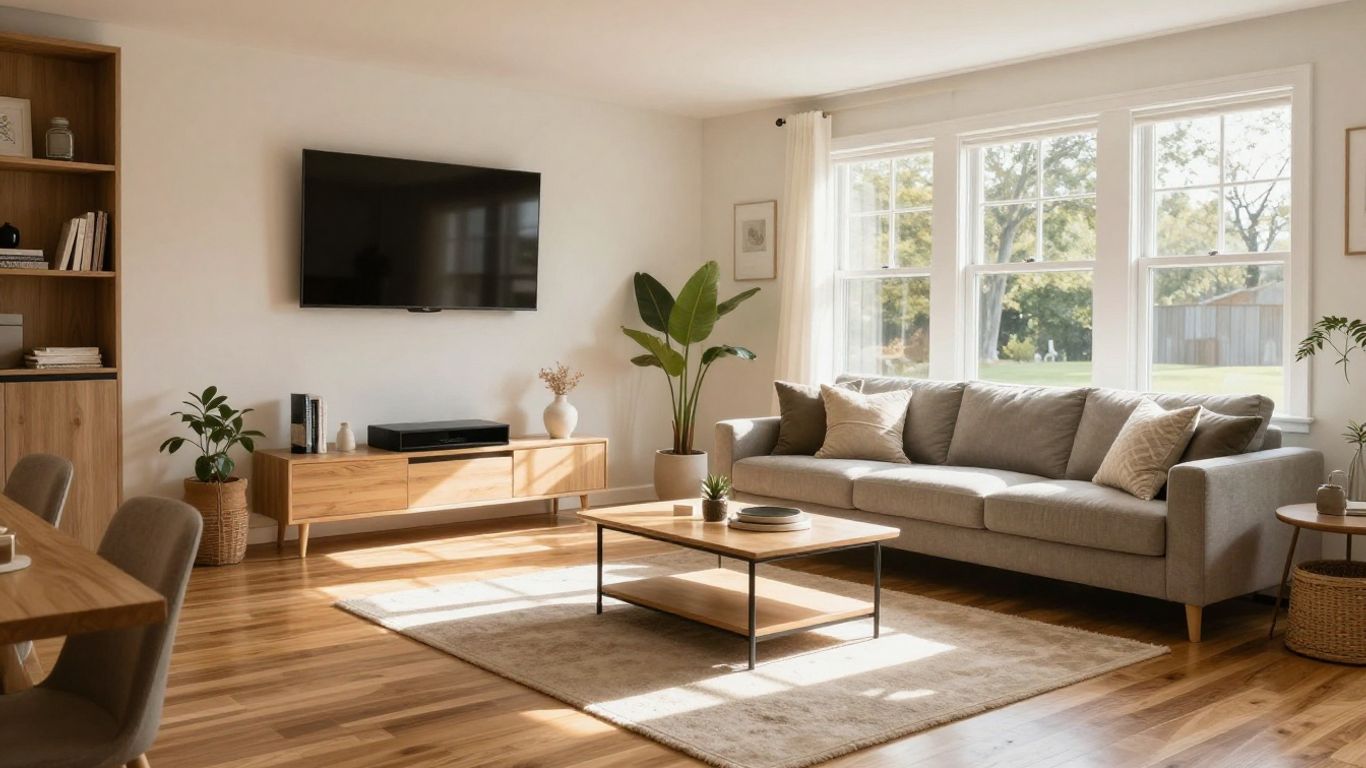 Finished basement living area with modern decor and warm lighting.