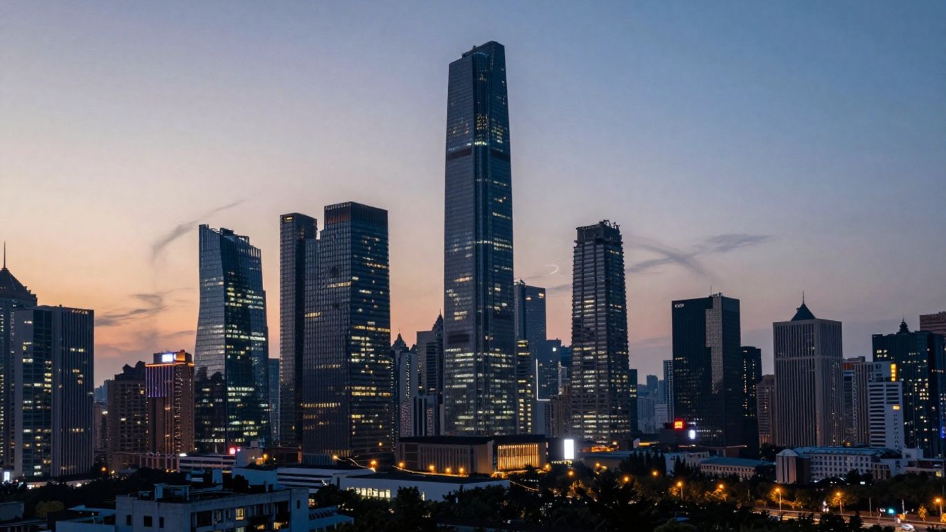 Digital cityscape with glowing skyscrapers, symbolizing brand authority.