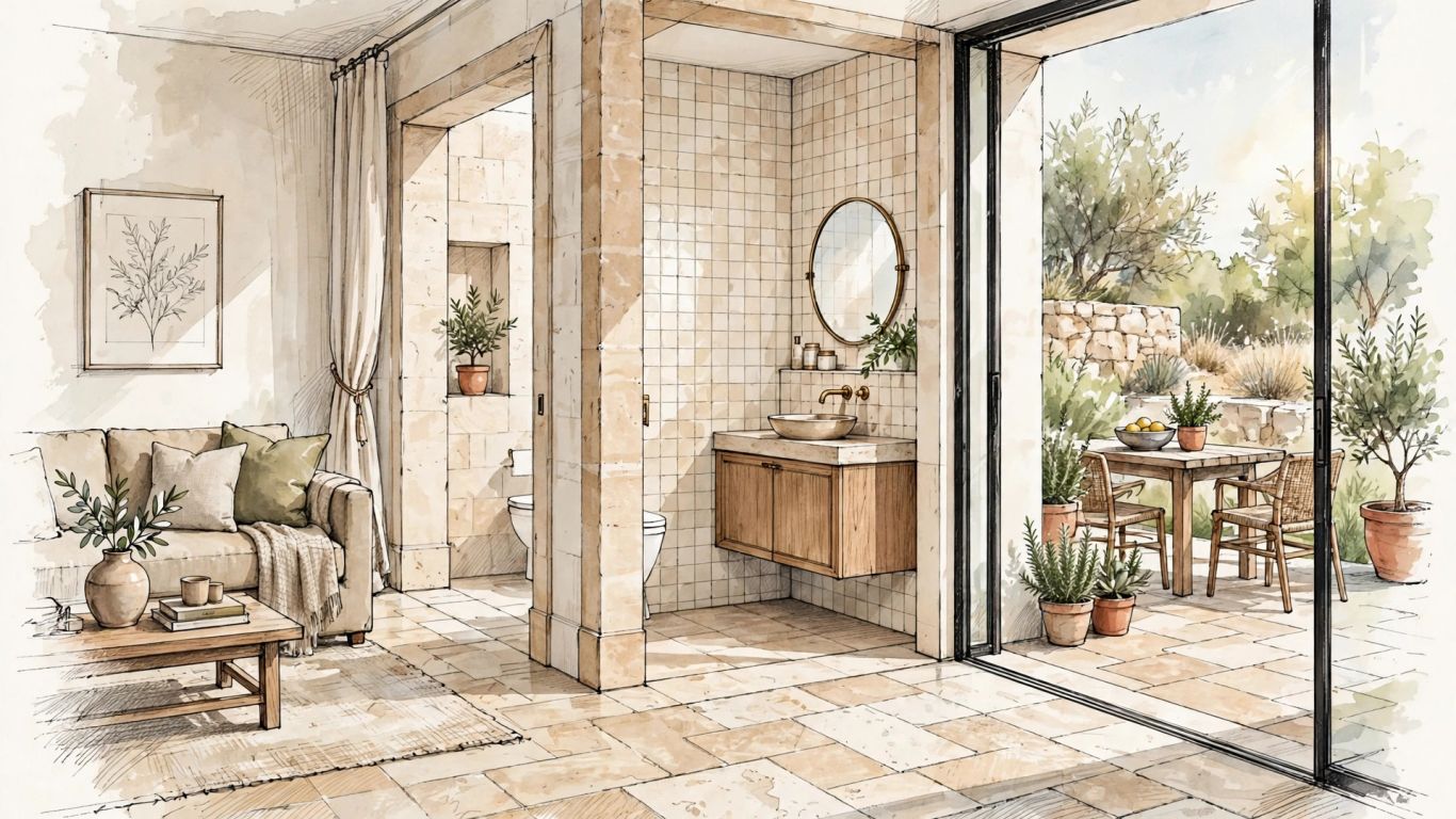 Travertine tile across indoor and outdoor spaces