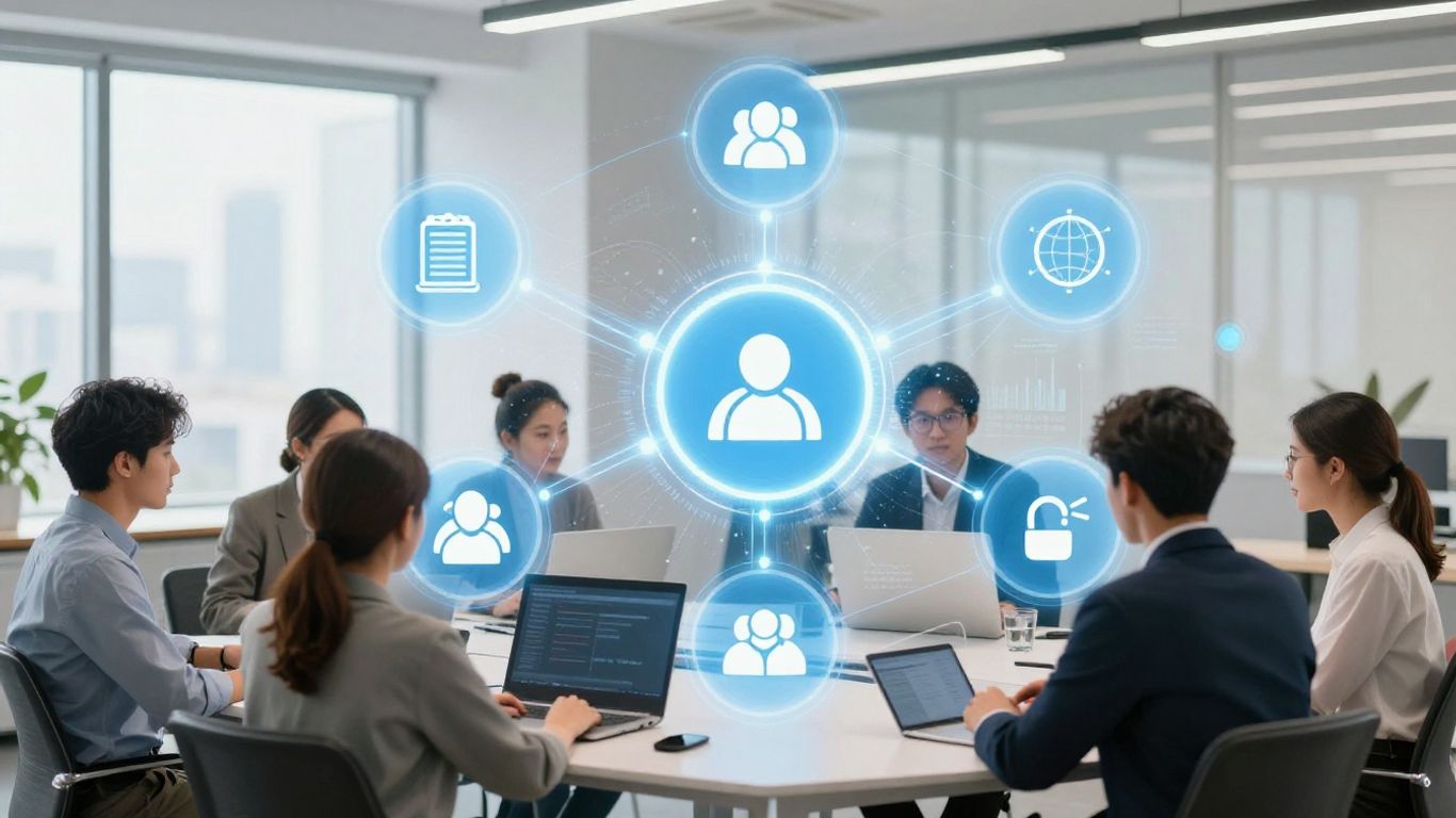 Business people interacting with a connected AI system interface.