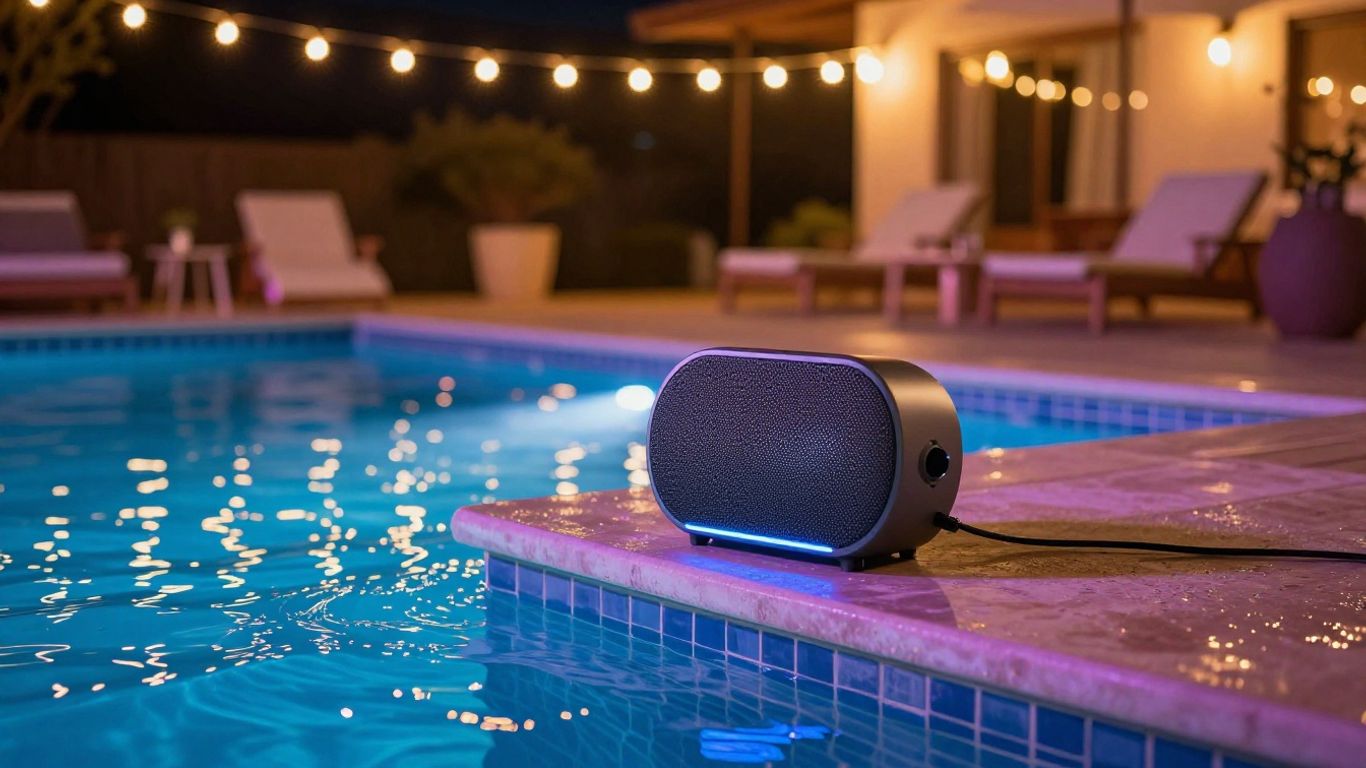 Poolside at night with lights and speaker.