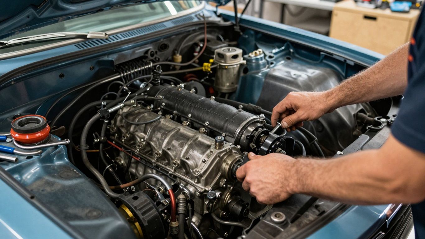Mechanic working on Holden or Ford engine in Campbelltown.