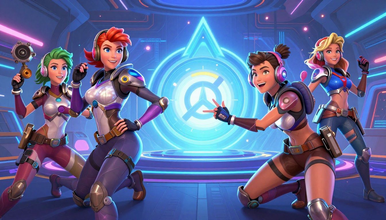 Heróis de Overwatch em combate em um mapa futurista