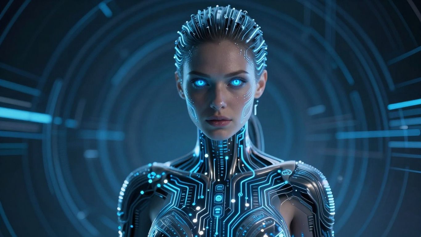 AI woman with glowing circuits interacting