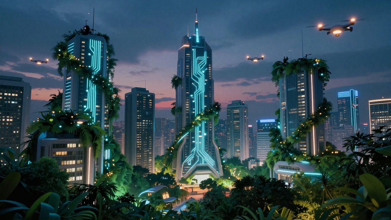 Futuristic cityscape with integrated green technology and drones.