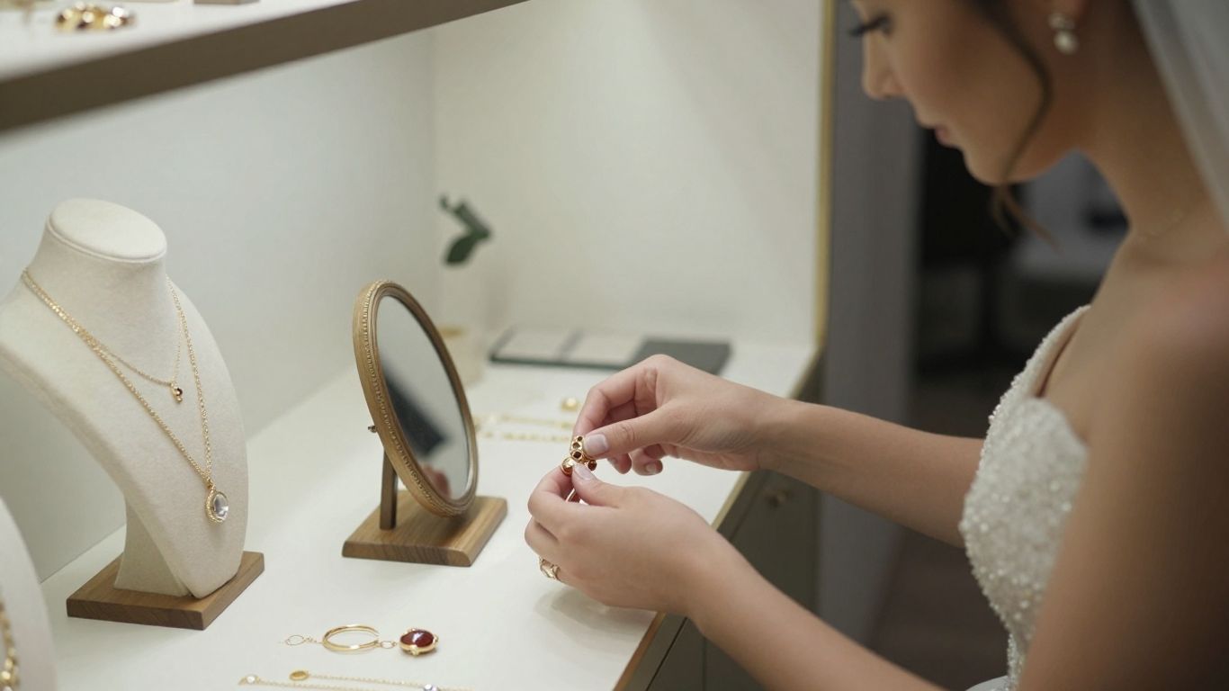 Bride comparing jewellery options in a bright shop