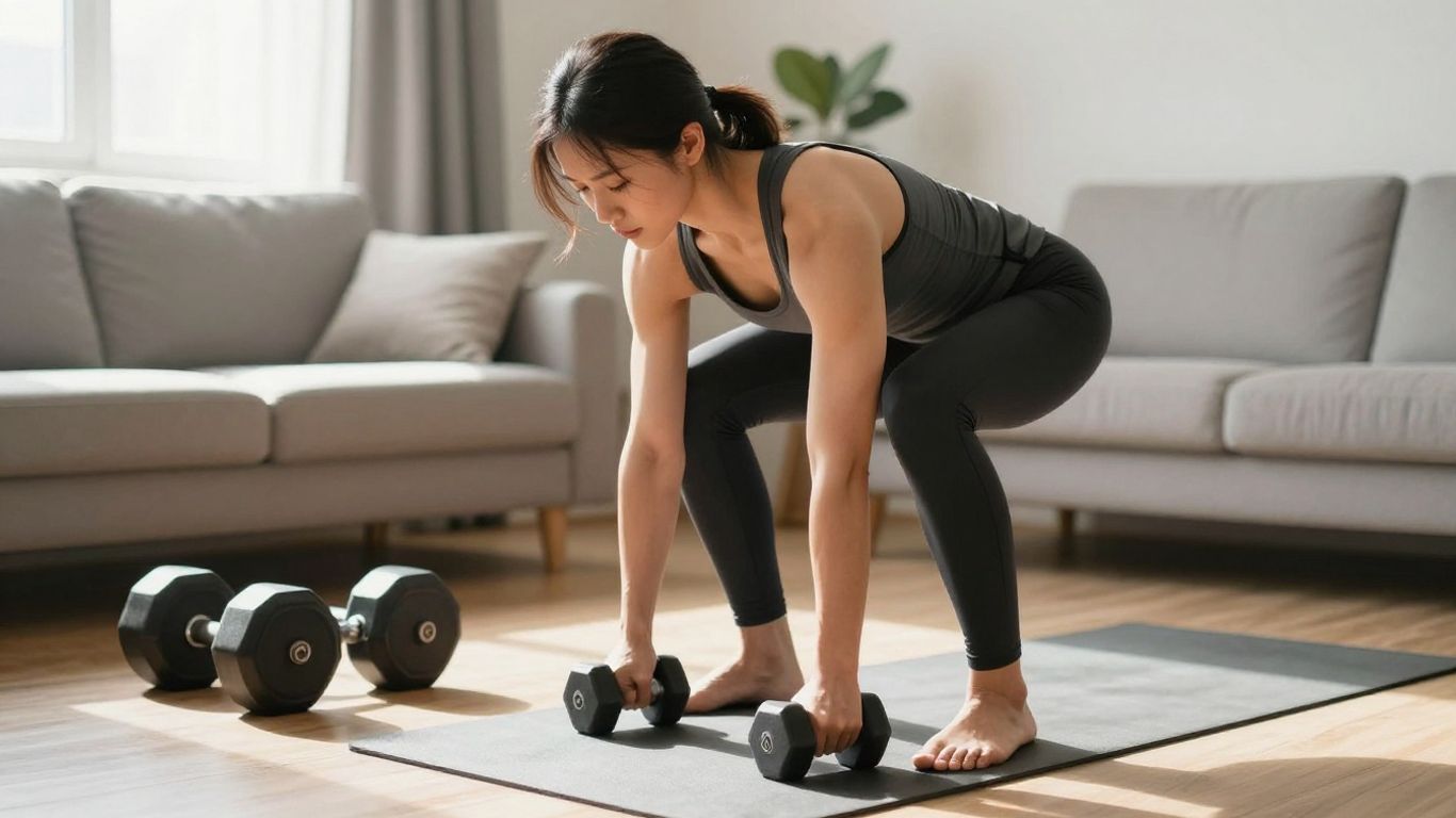 Person doing dumbbell squats at home.