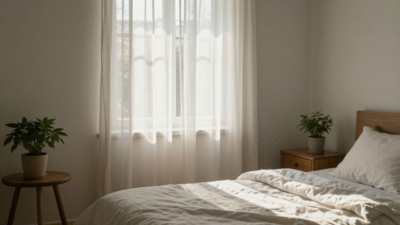 Sunlit bedroom with a made bed and plant.