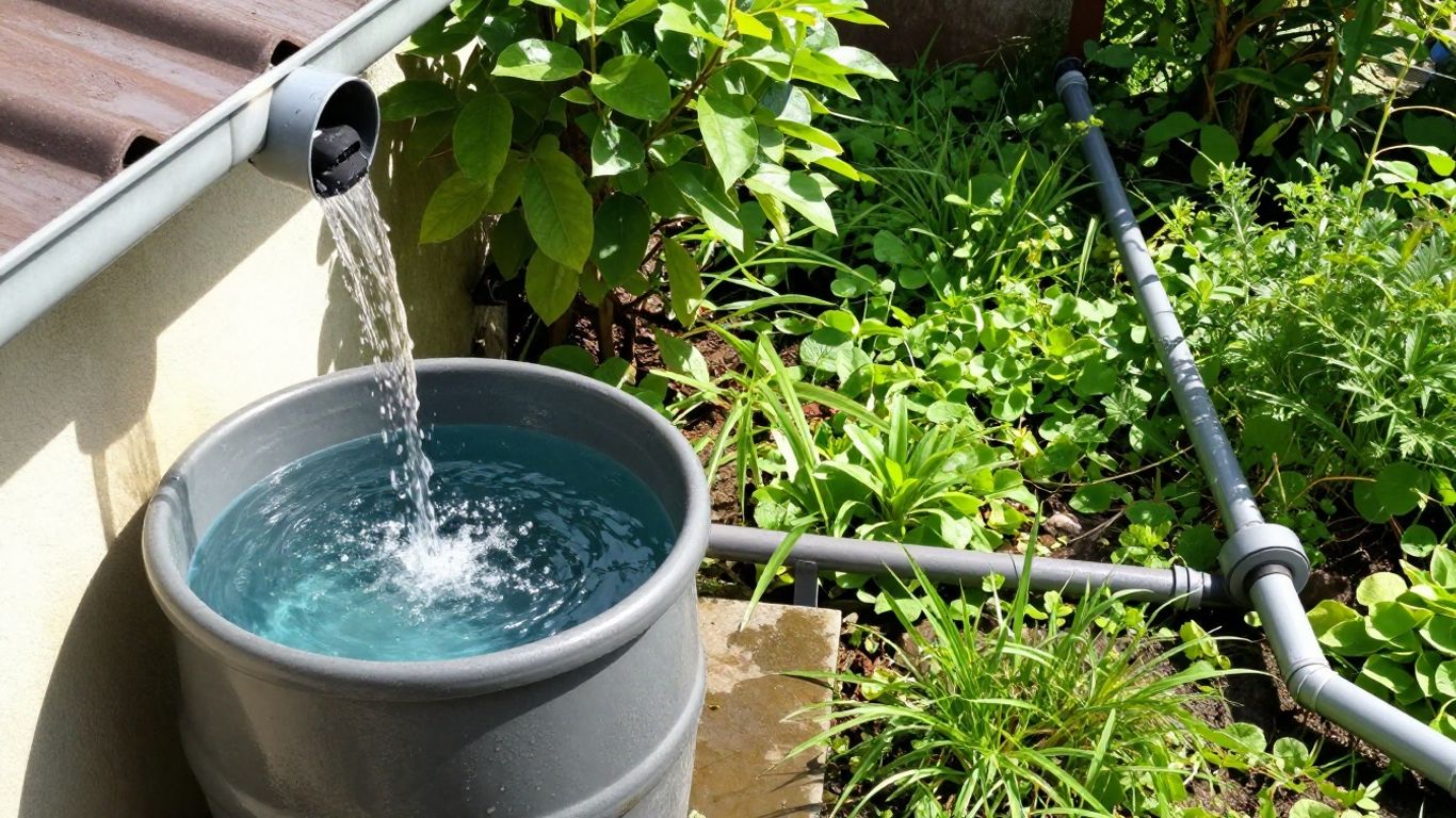 Rainwater barrel and greywater system feeding a garden.