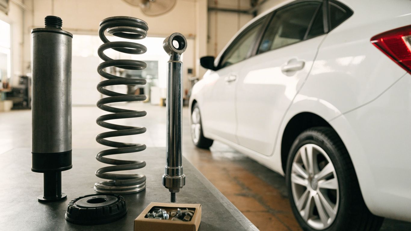 Close view of suspension parts beside a vehicle