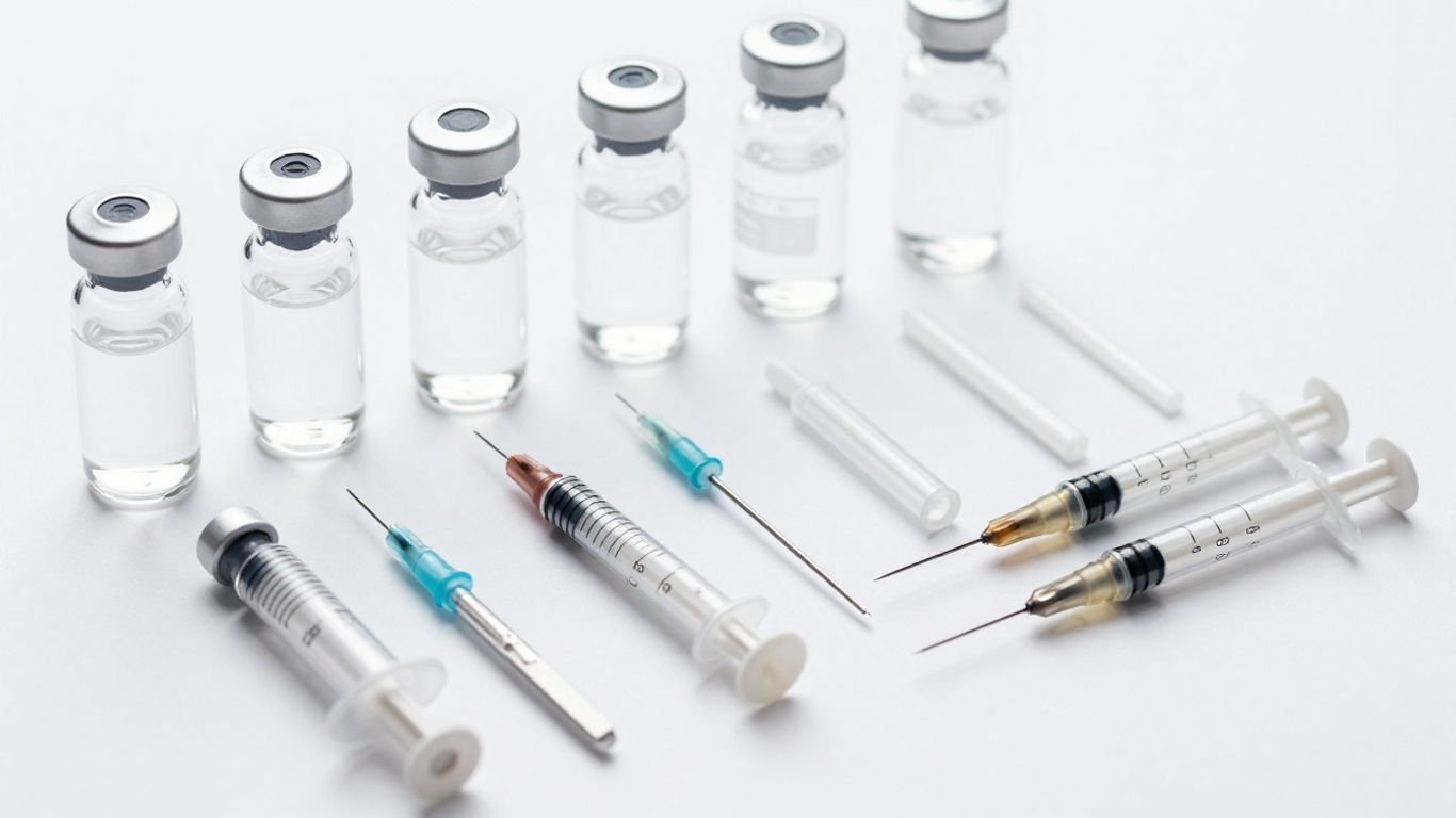 Peptide vials and syringes on a white surface.
