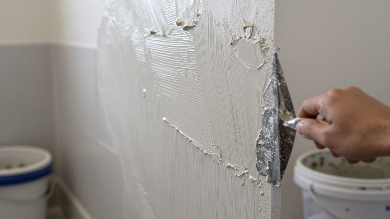 Bathroom wall being plastered with a trowel.