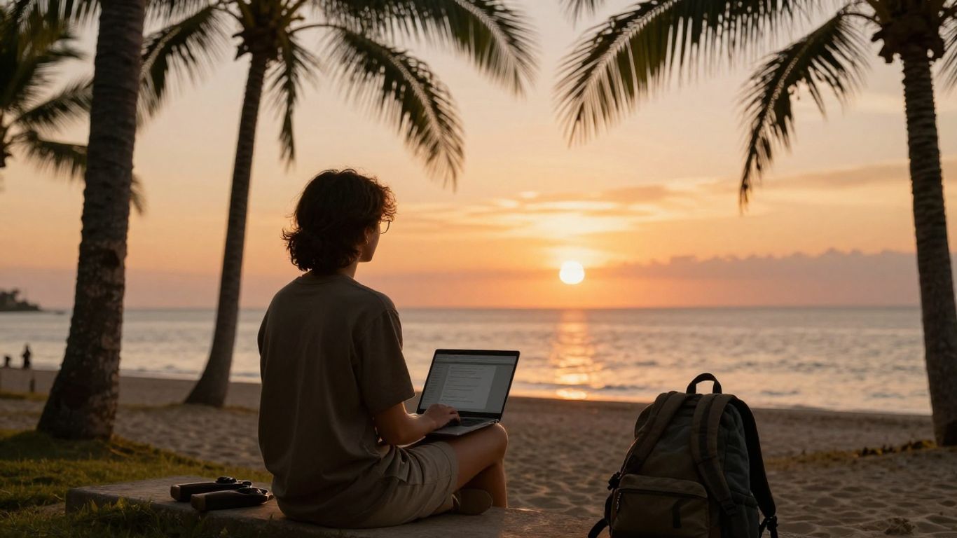 Digital nomad working on a laptop at a beach sunset.