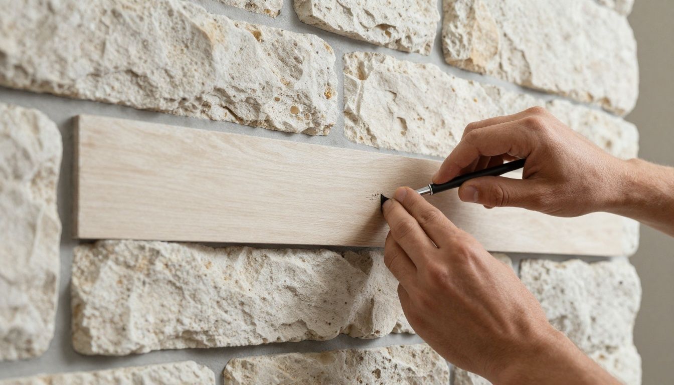 A custom cabinet installer carefully scribing a filler strip to fit perfectly against an uneven stone wall in a high-end kitchen.