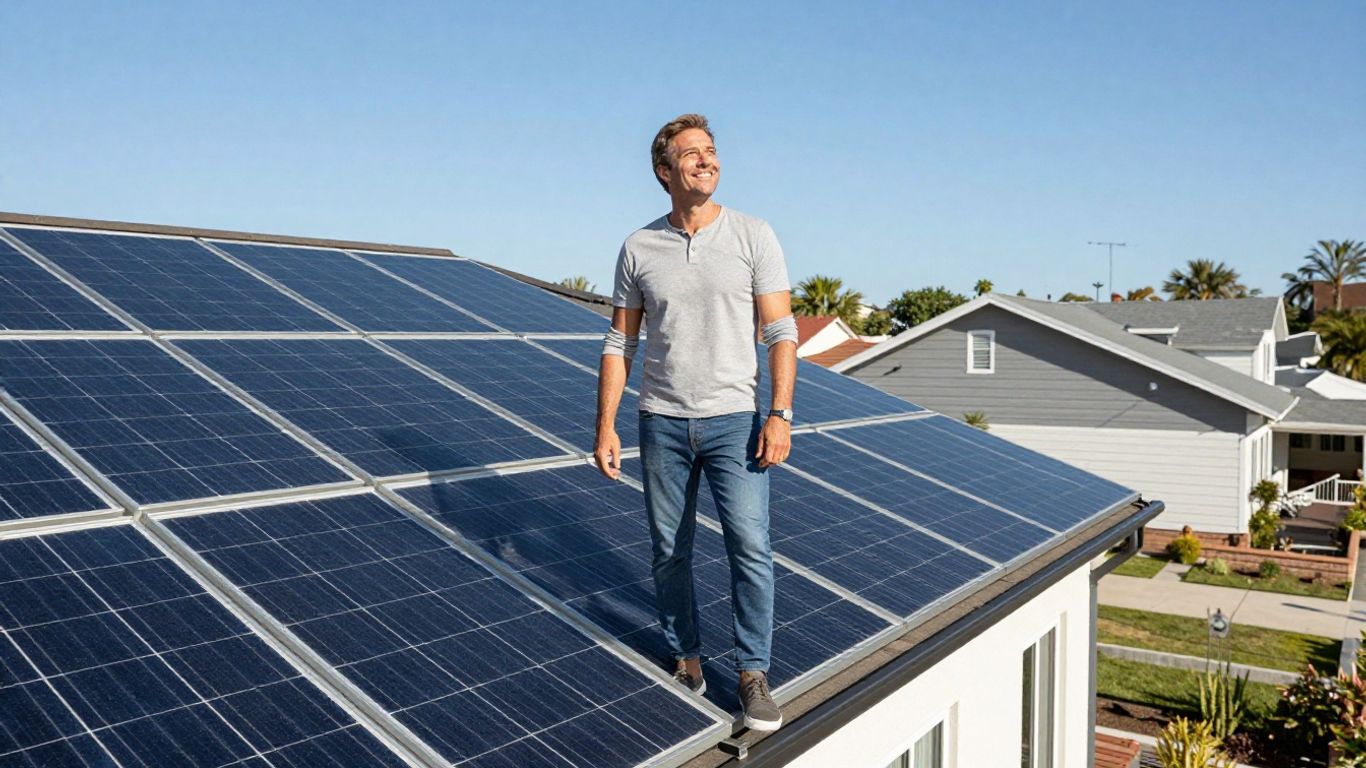 Homeowner looking at solar panels on a sunny day.