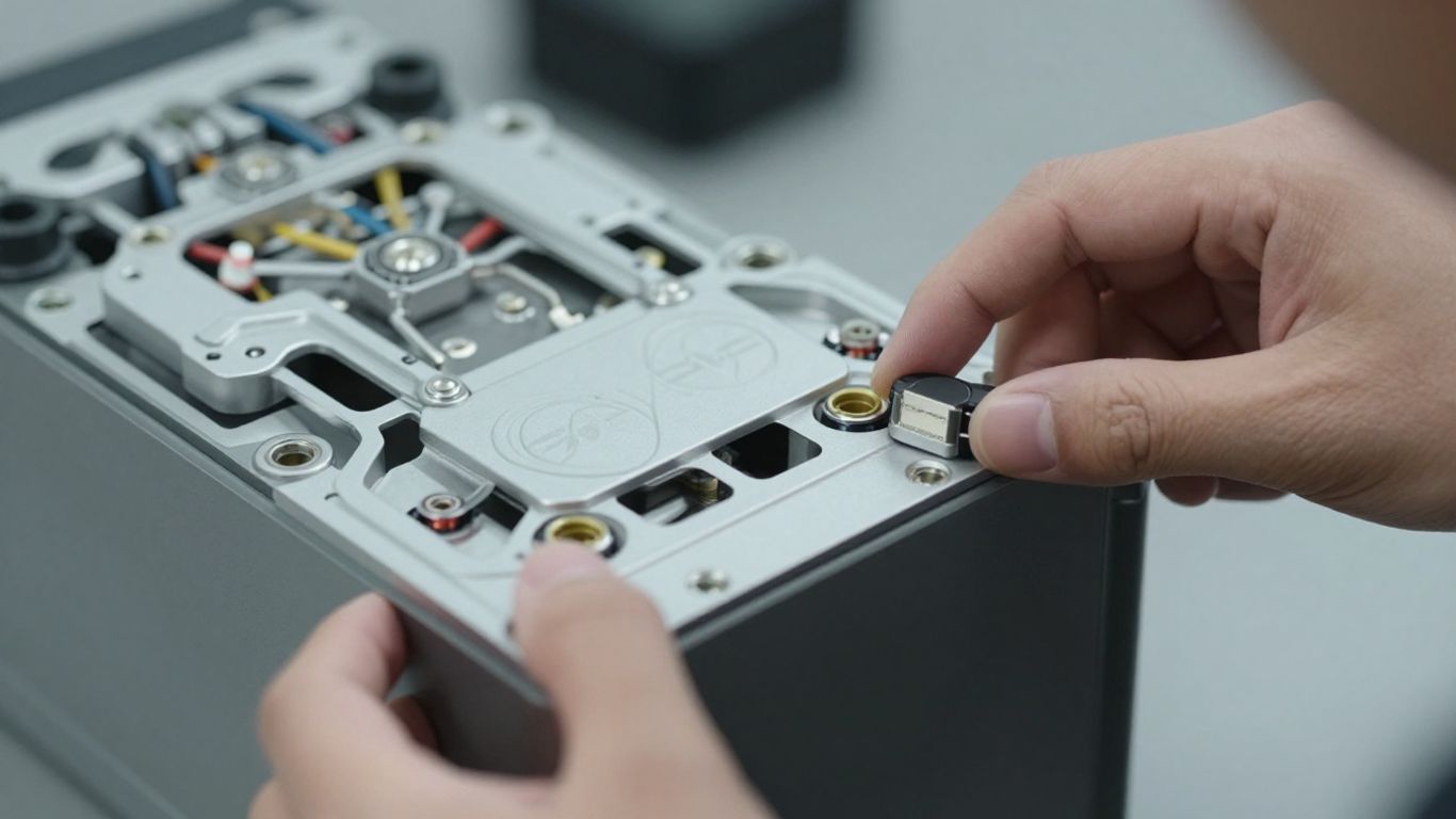 Hands inspecting a BYD electric car battery pack.