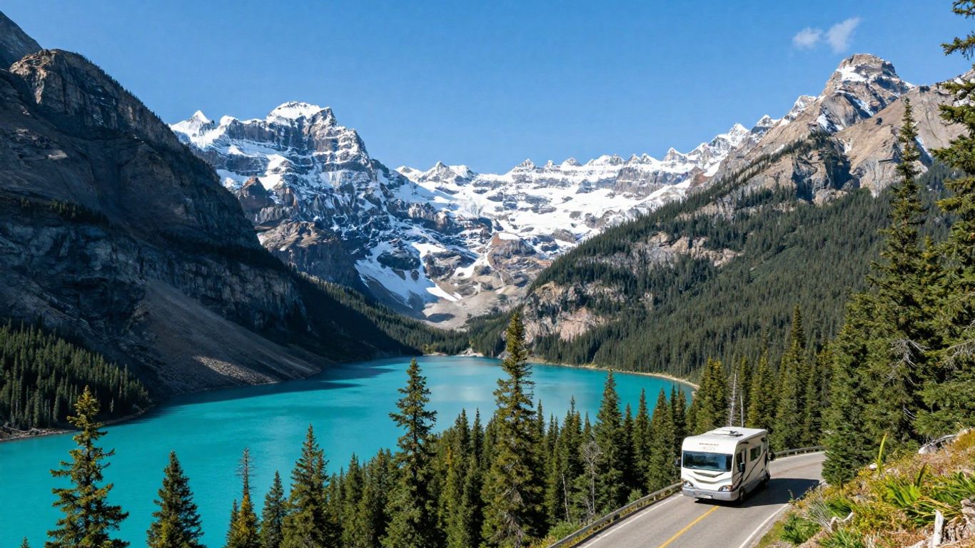 RV driving through Canadian Rockies mountains and lake.