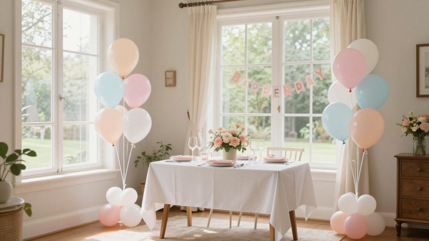 Charming baby shower venue with pastel balloons and floral decor.