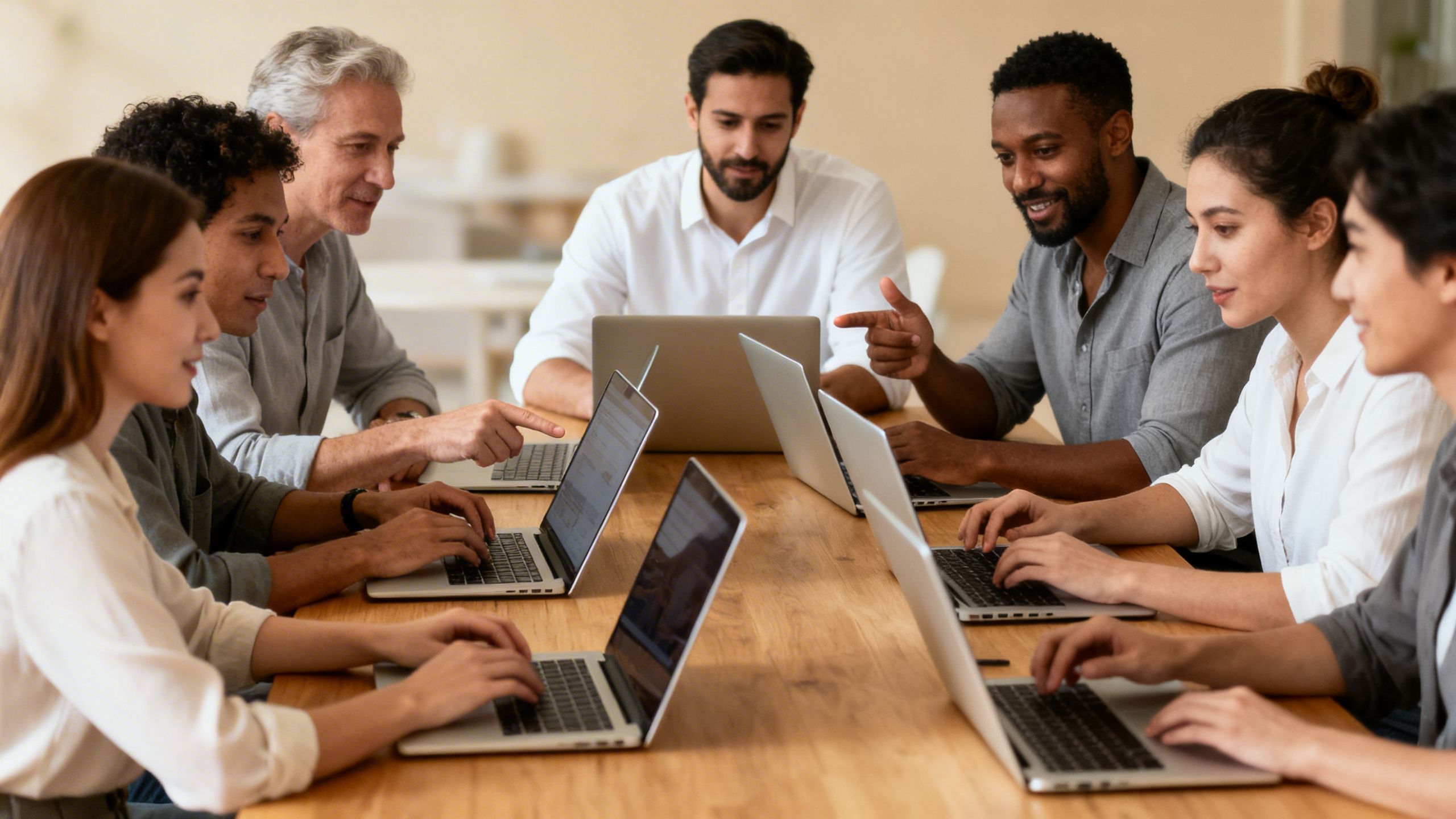 A diverse team collaborating around a table with laptops open, discussing options and making a decision