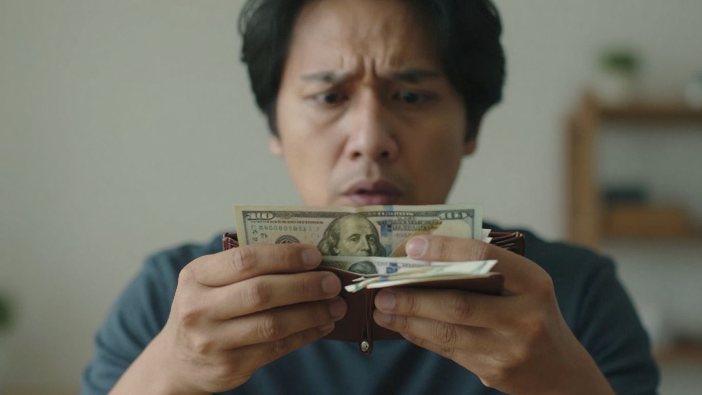 Persona preocupada con dinero cayendo de su billetera.