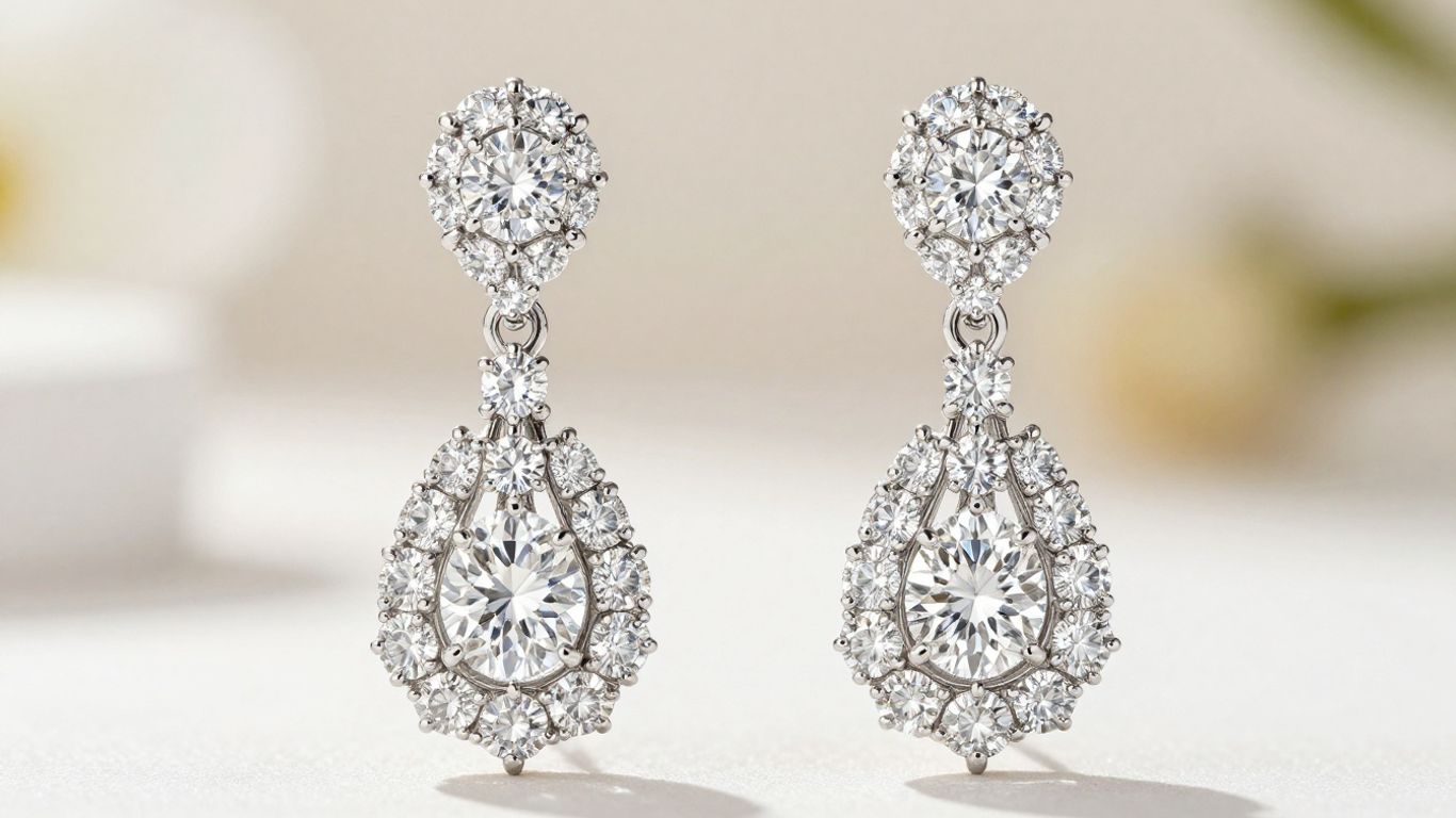 Diamond drop and chandelier earrings sparkling brightly.