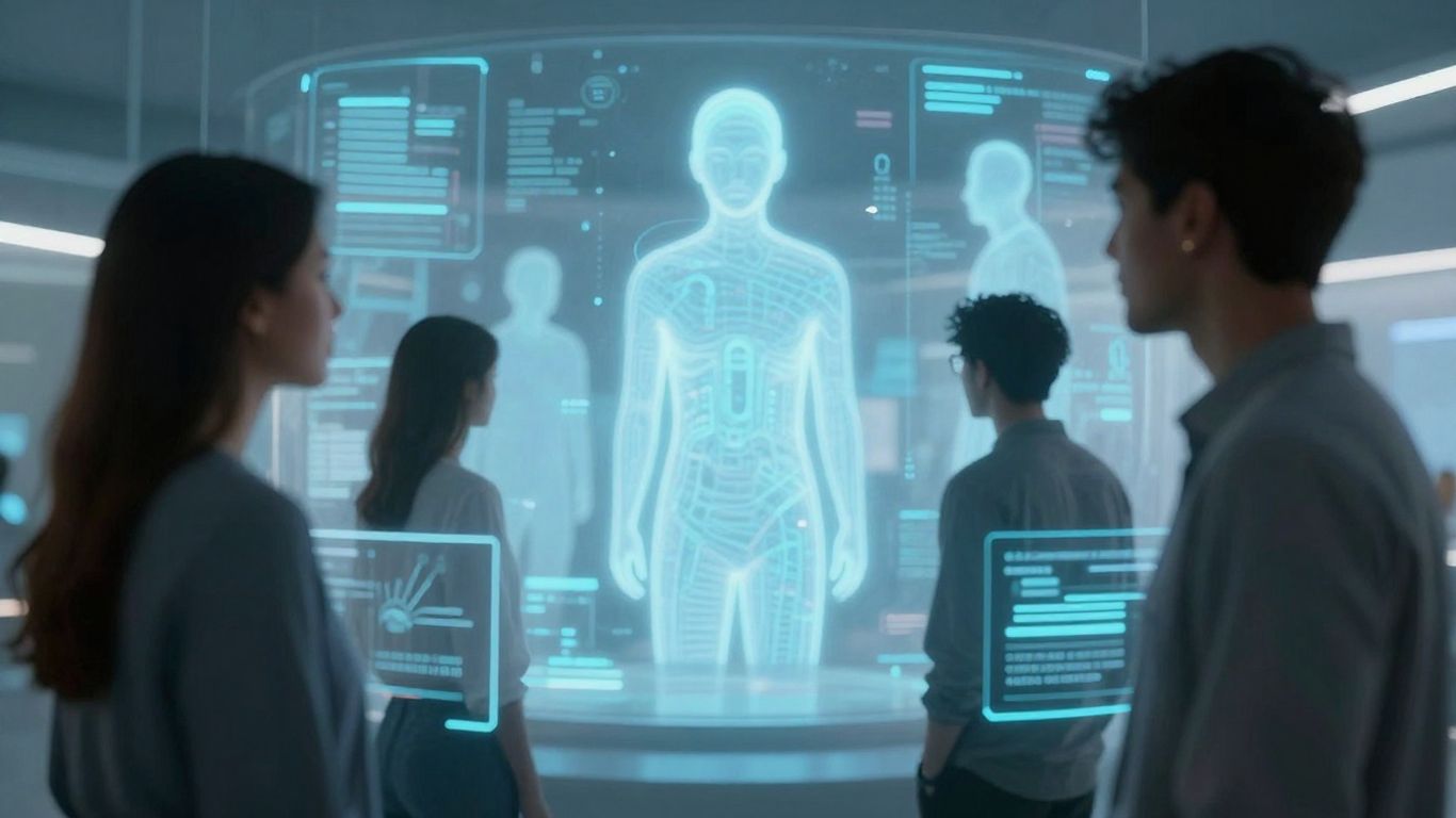 People interacting with AI interfaces, human element.