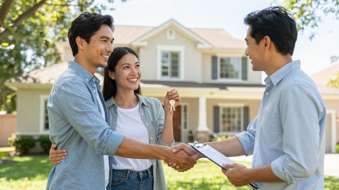 Mortgage broker and couple with house keys.