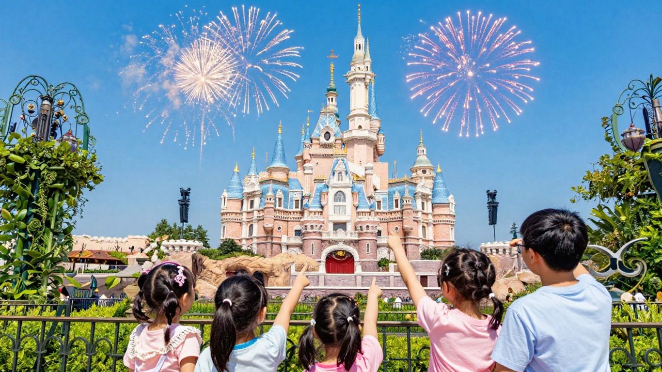 Disneyland castle with fireworks and happy families.