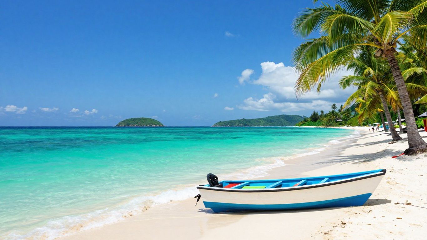 Tropical beach with clear water and distant islands.