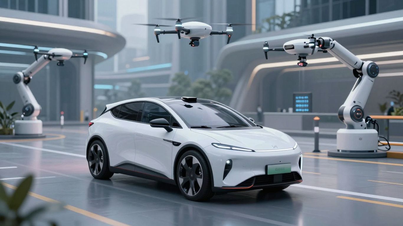 Vehicule autonome într-un oraș futurist.