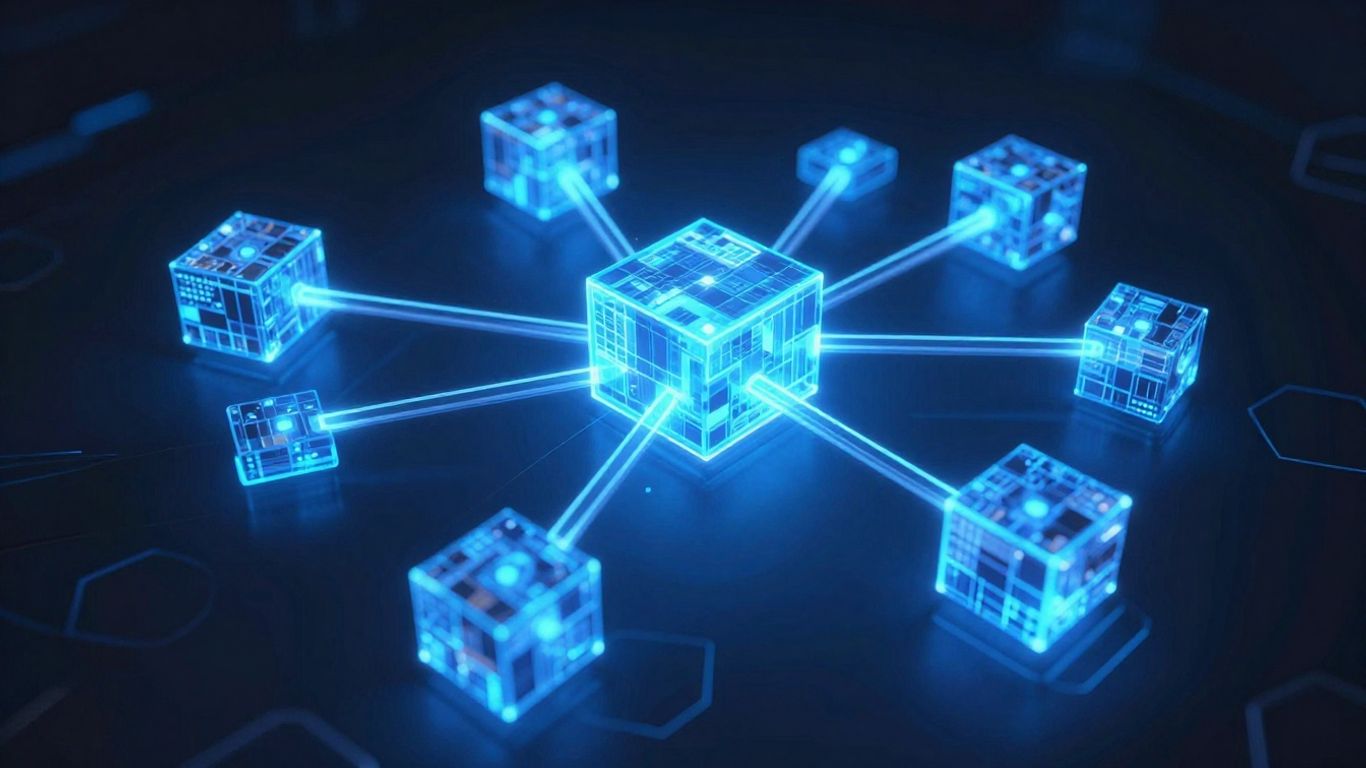 Interconnected digital blocks forming a decentralized network.