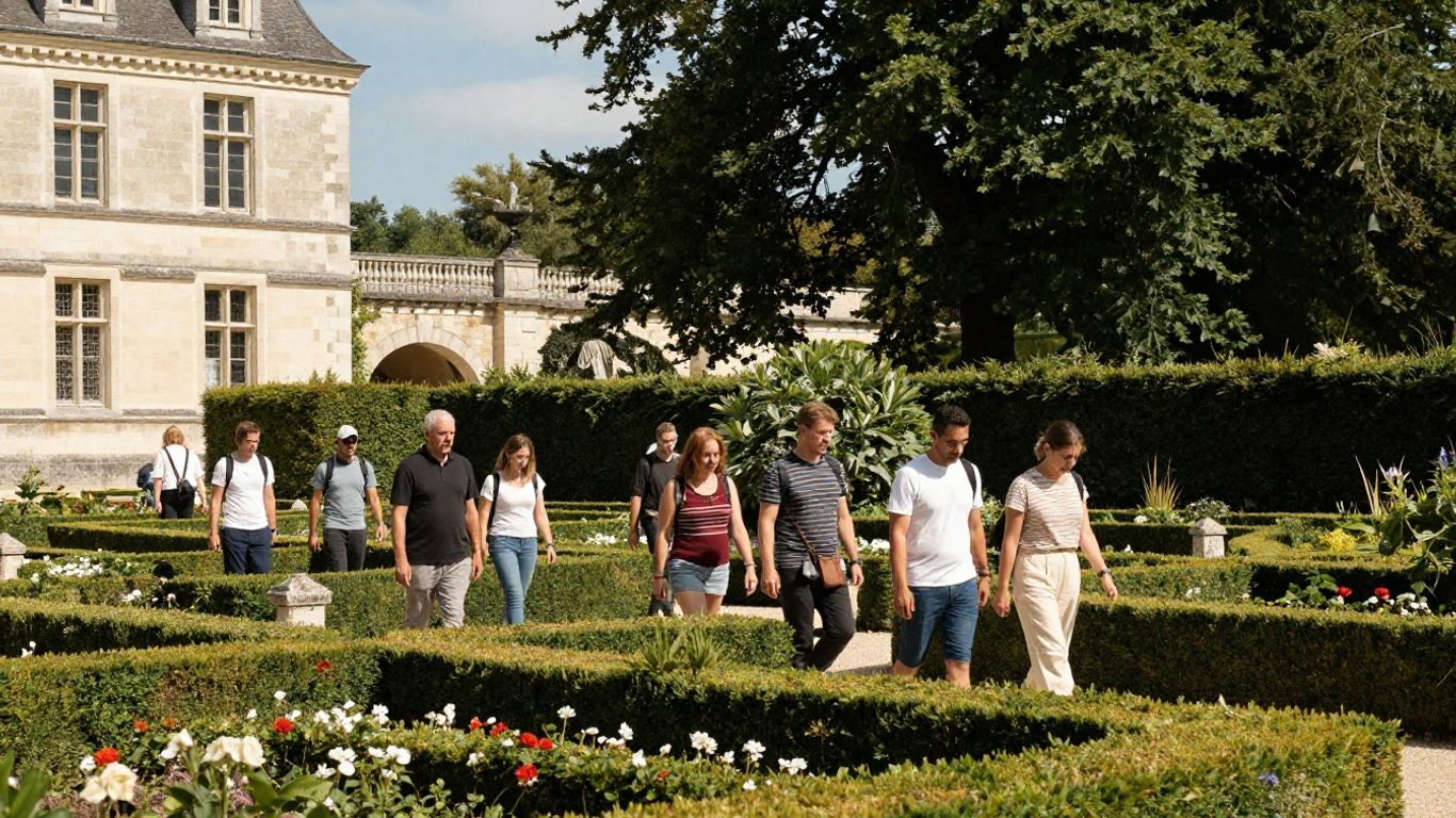 Guided visitors walking through Loire château gardens