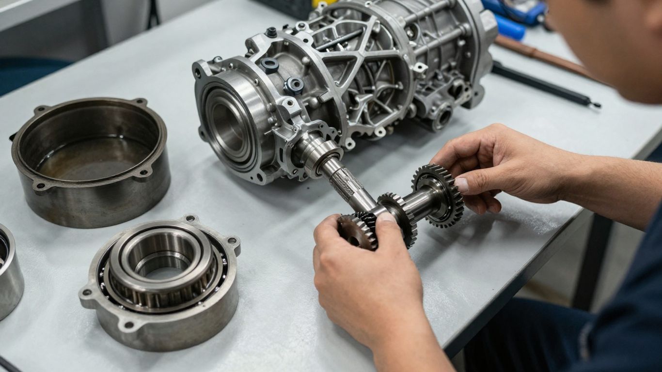 Technician inspecting transmission gears and bearings