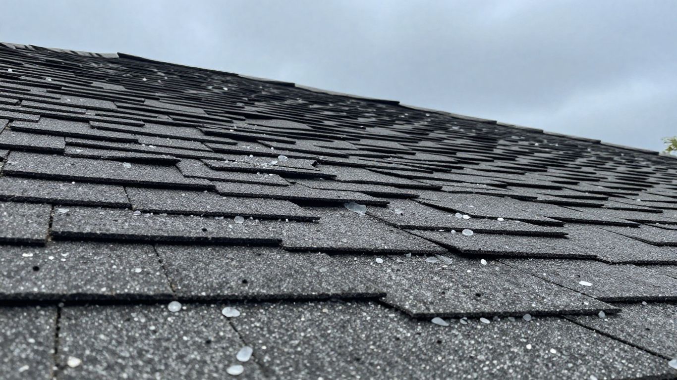 Hail damage on a residential roof after a storm.