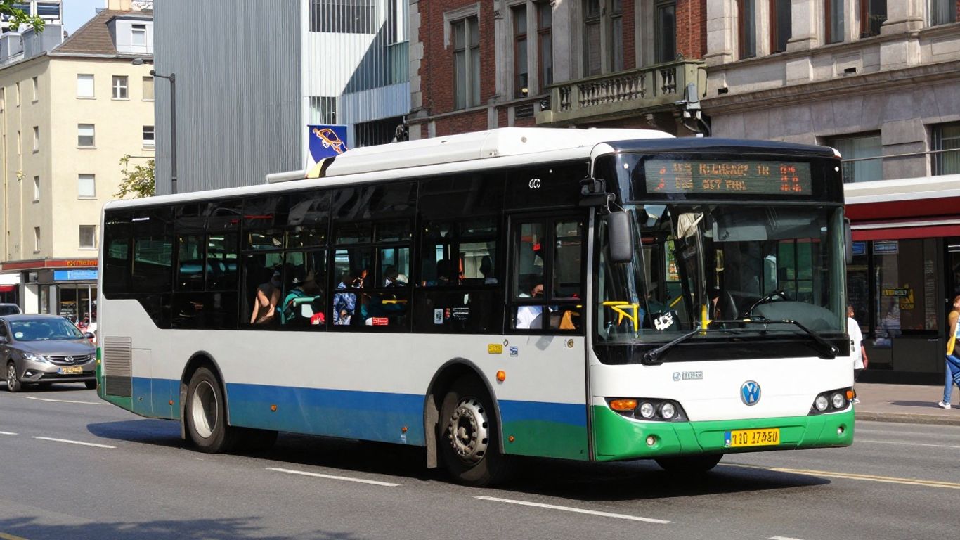 Autobús moderno en una calle urbana concurrida.
