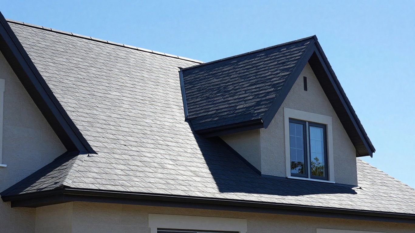 House with a new roof, bright sky, growth visual.