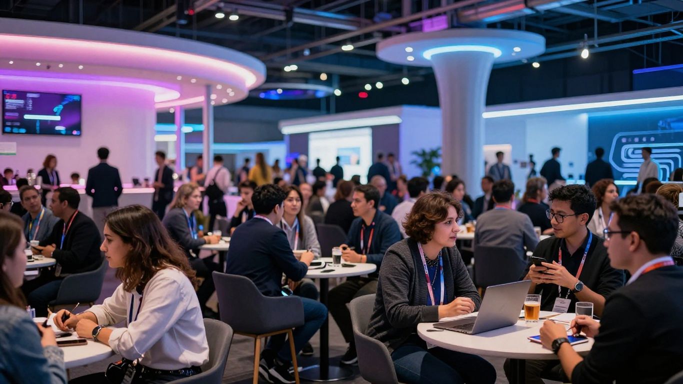 Tech conference with professionals discussing future of work.