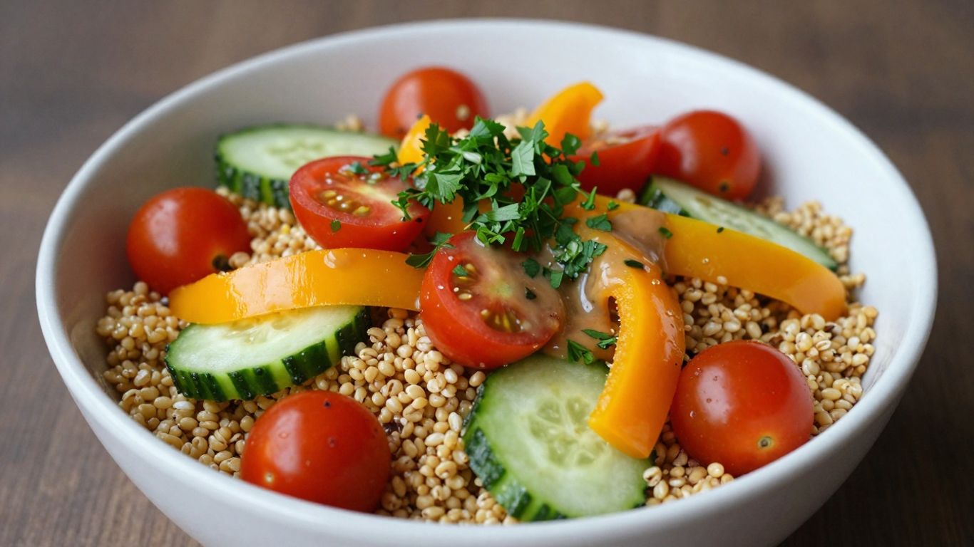 Colorful kaniwa grain bowl with fresh vegetables and herbs.