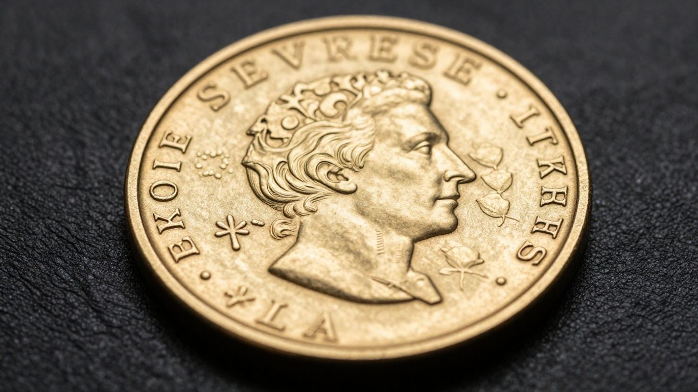 Pièce d'or Souverain brillante sur fond sombre.