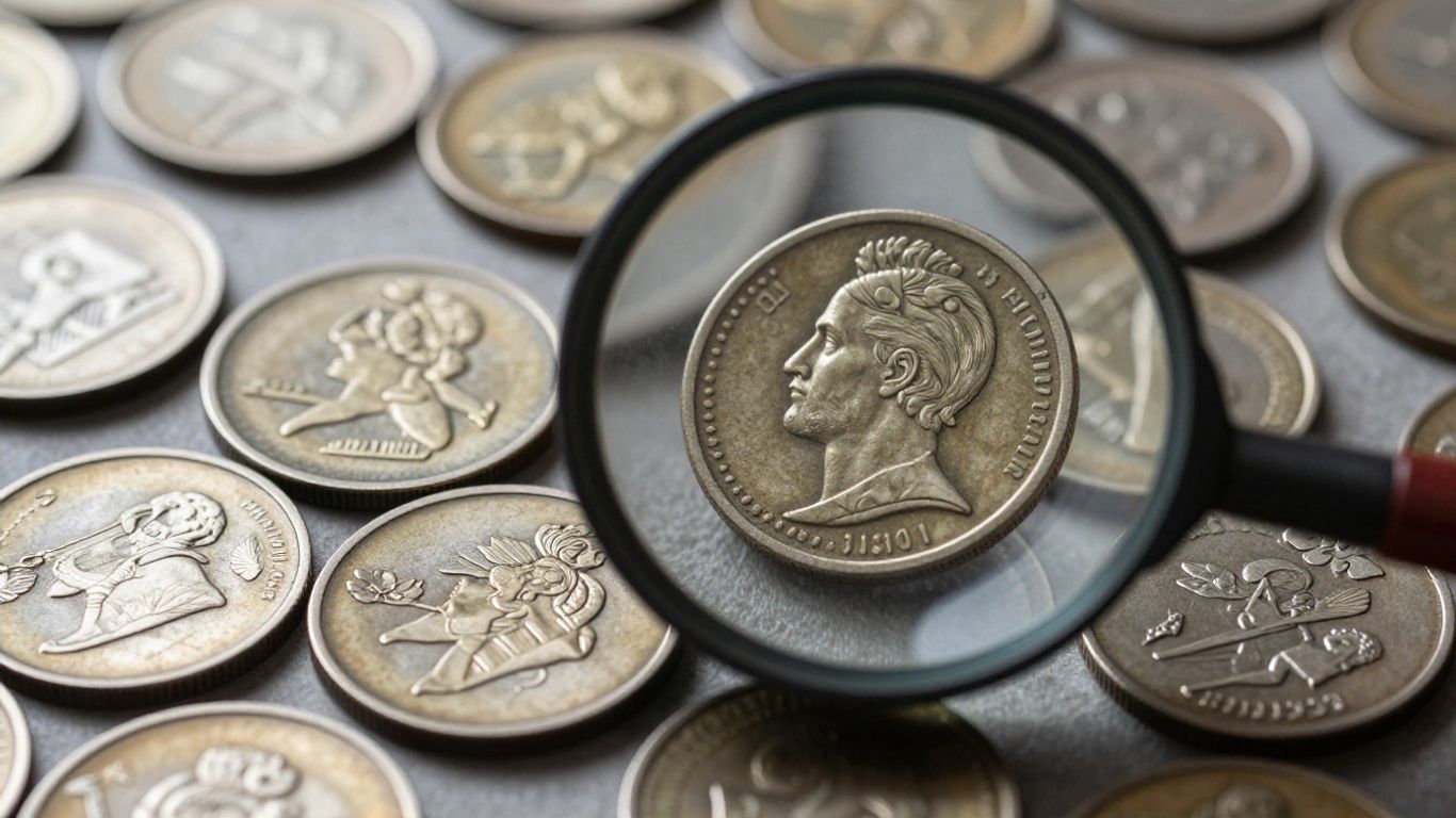 Collection of diverse coins with a magnifying glass.