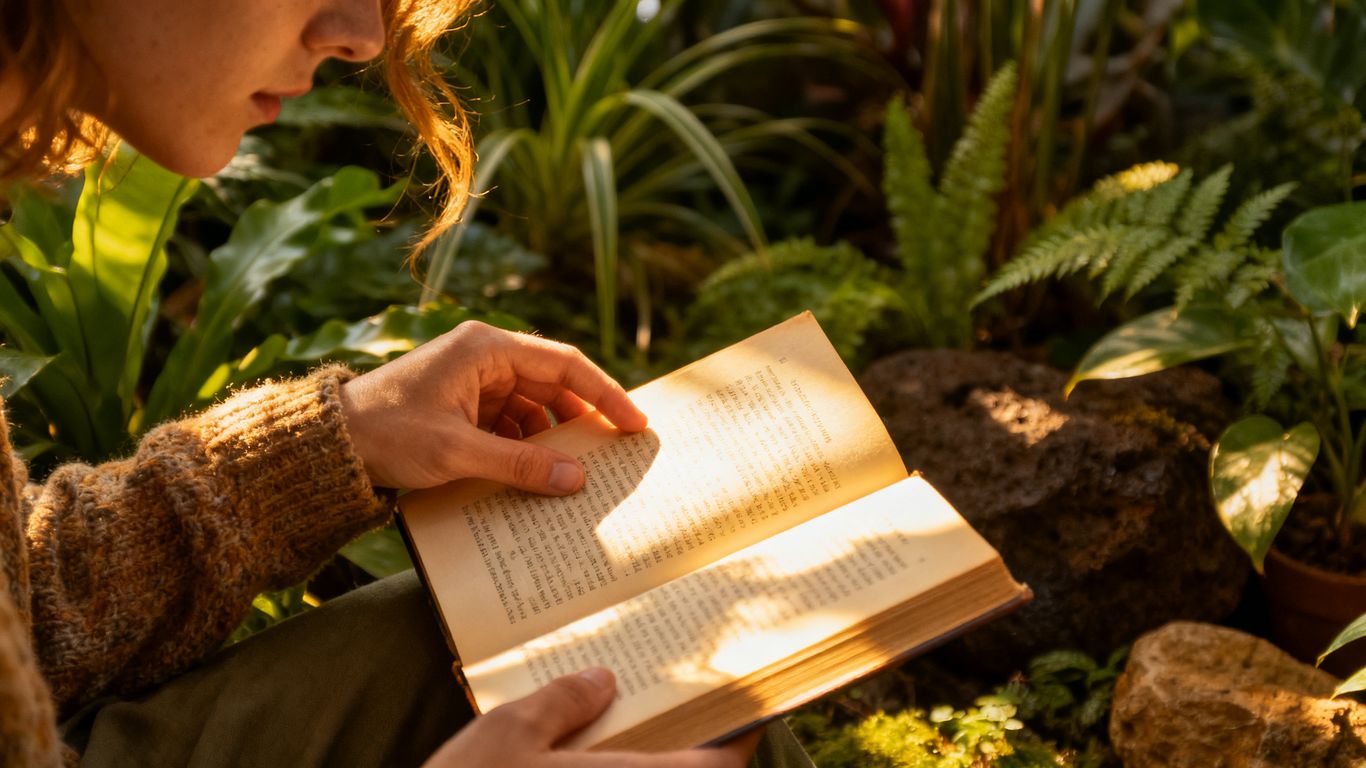 Person reading a book surrounded by plants.