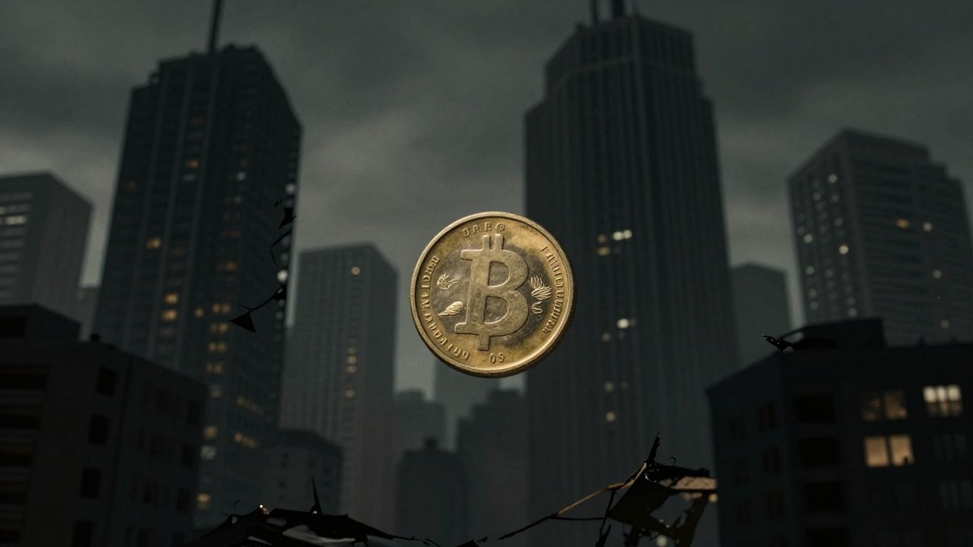 Falling tarnished coin against a dark cityscape.