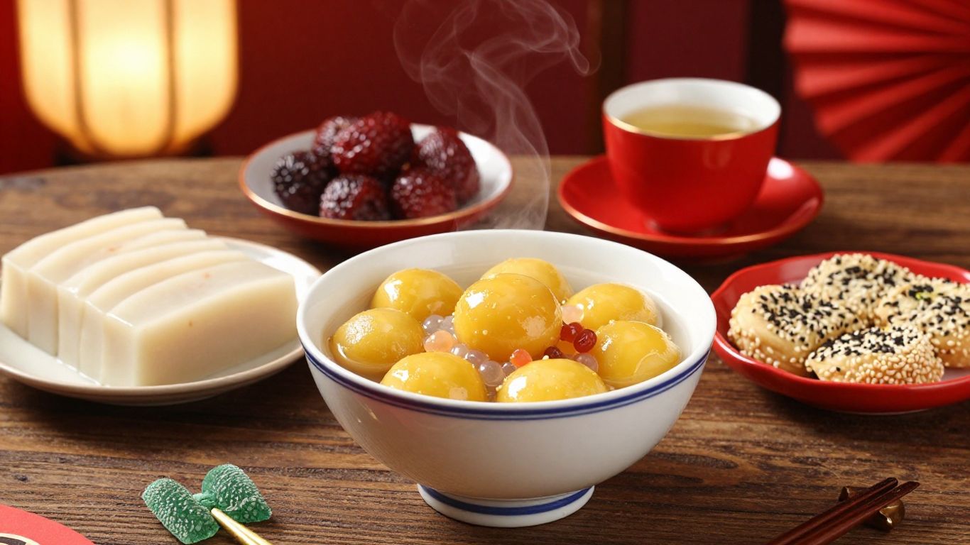 Round tangyuan with sesame filling and tea