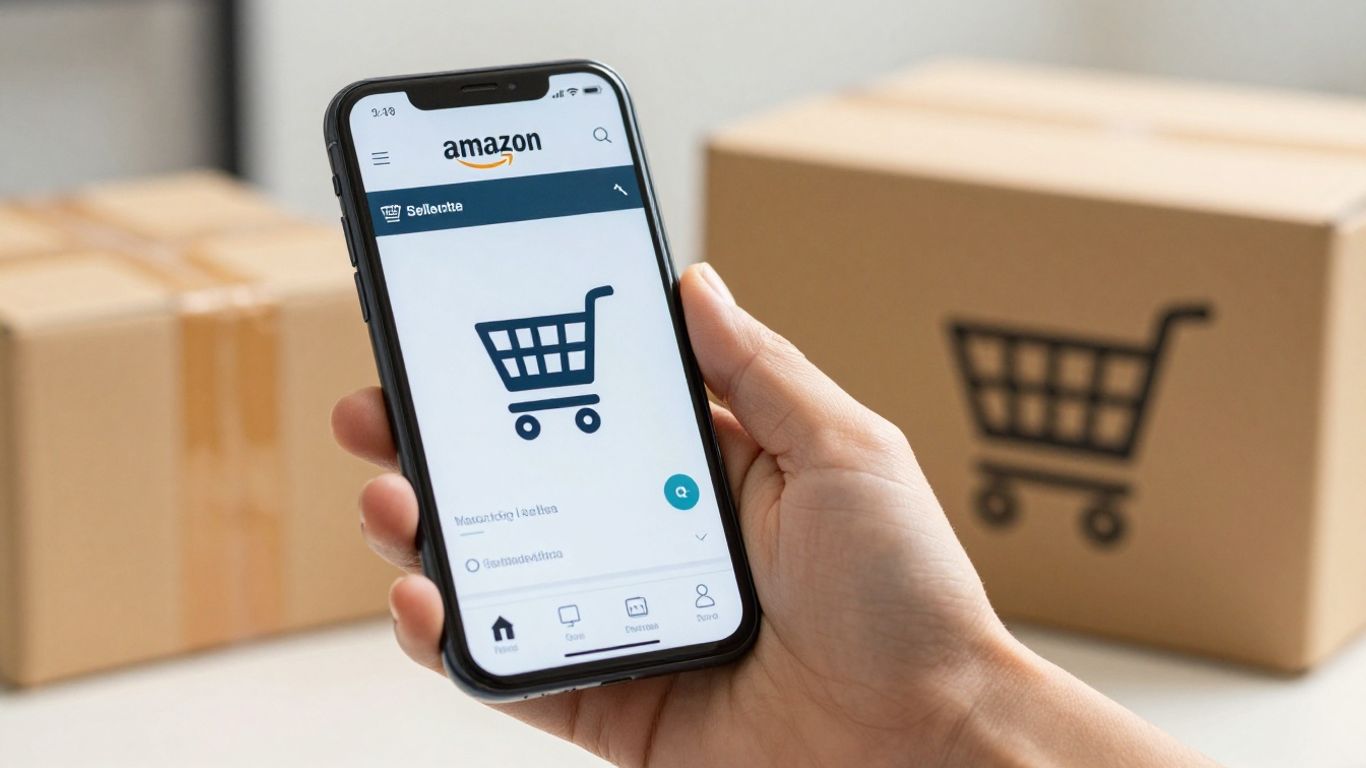 Amazon seller dashboard on a smartphone with package