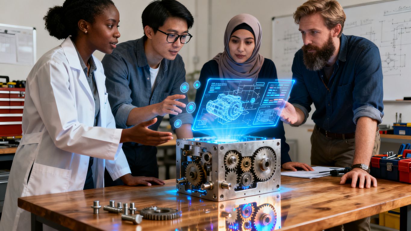 Engineers collaborating on a high tech prototype