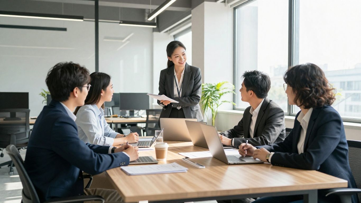 Business team collaborating in a modern office.