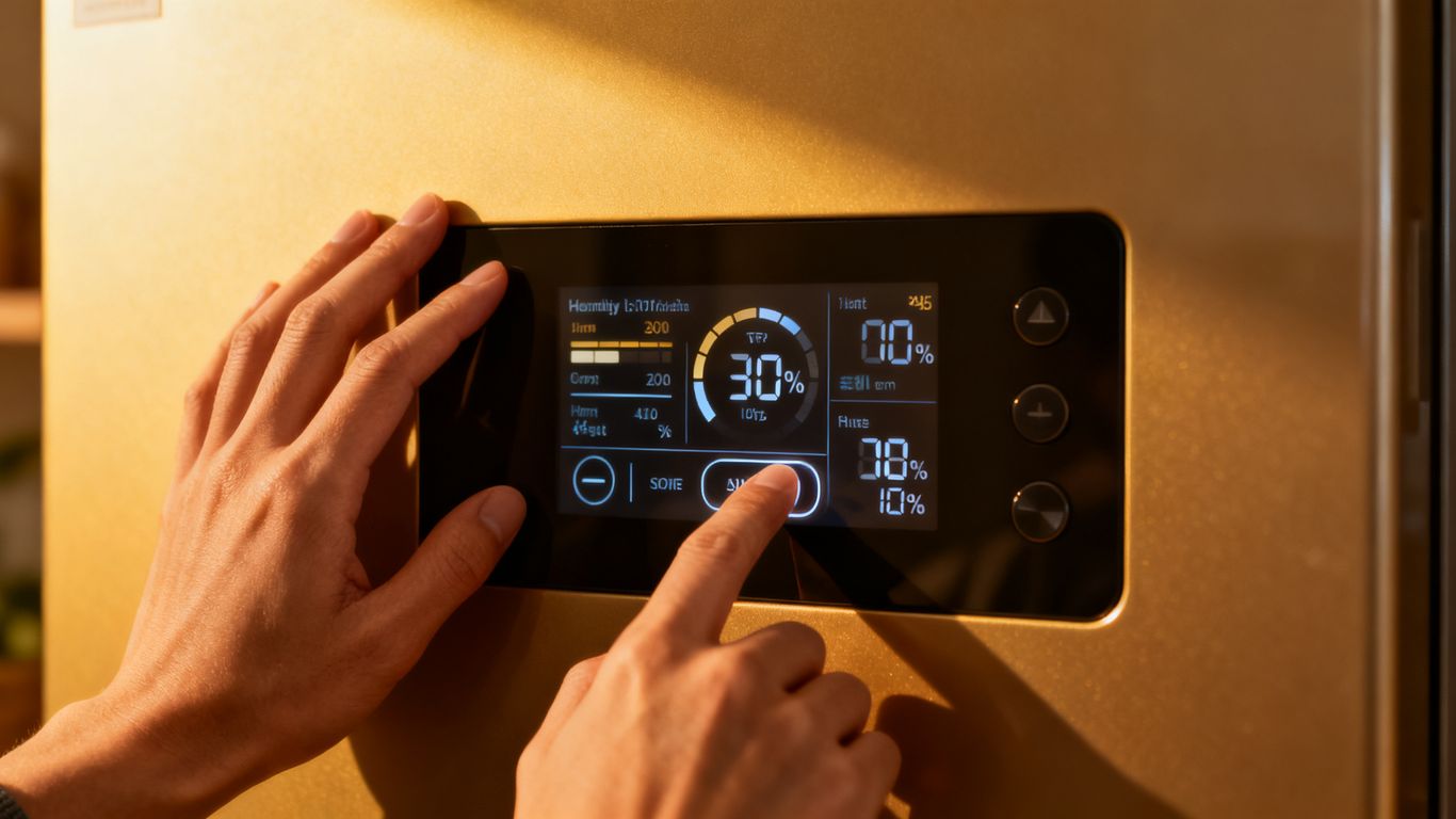 A person reading technical appliance specifications