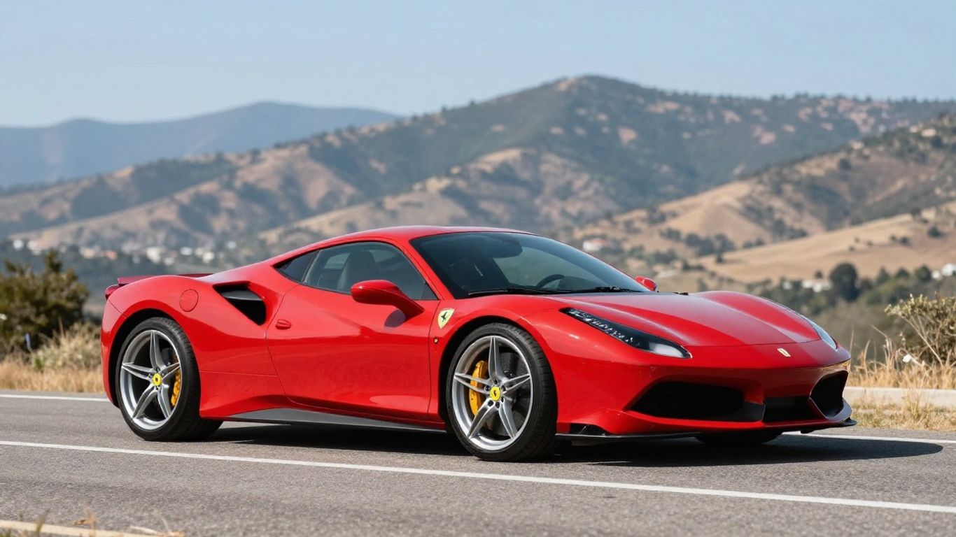 Red Ferrari sports car on a sunny road.