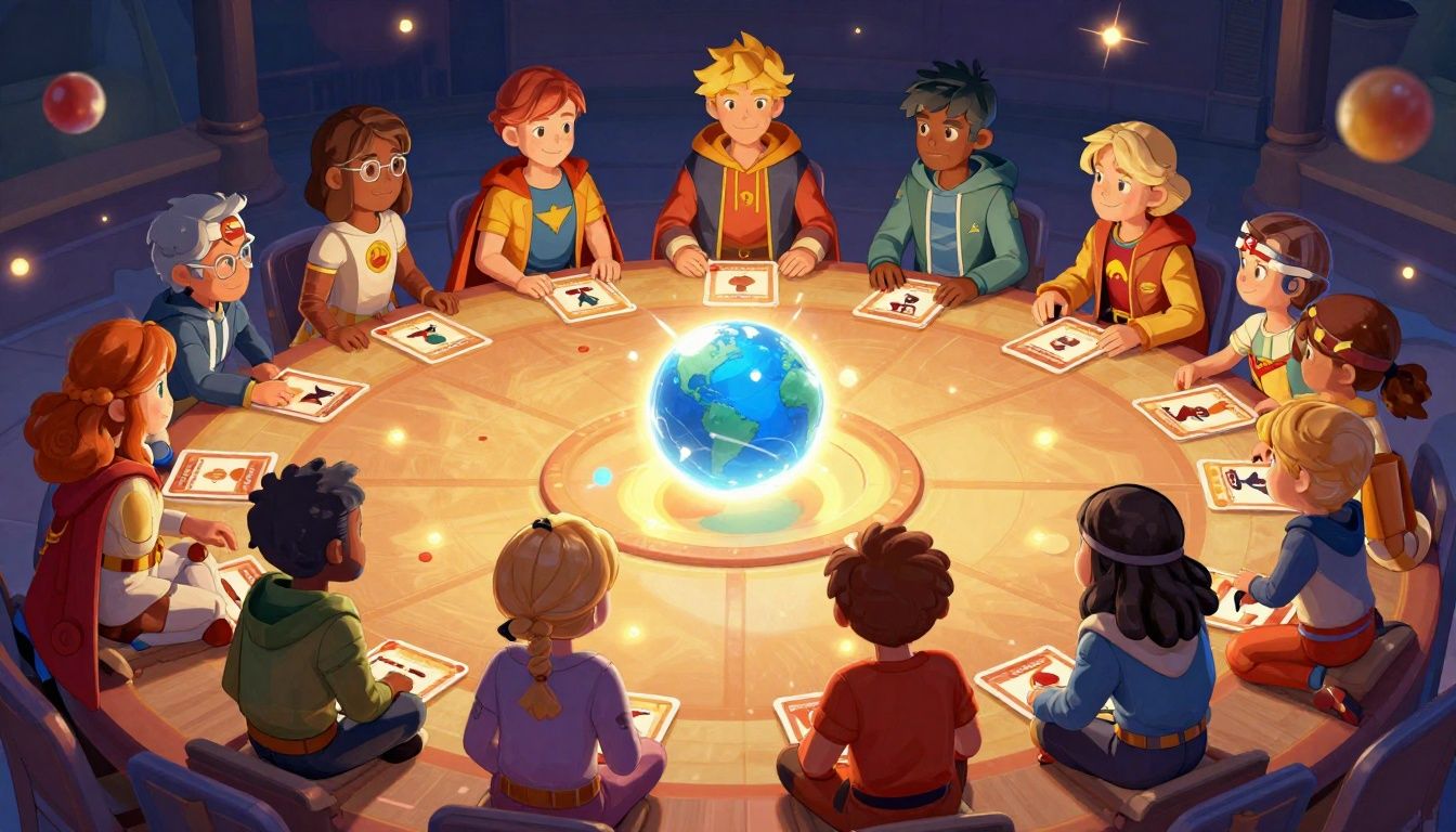 Tabuleiro de batalha com partículas de energia emanando das cartas de super-heróis